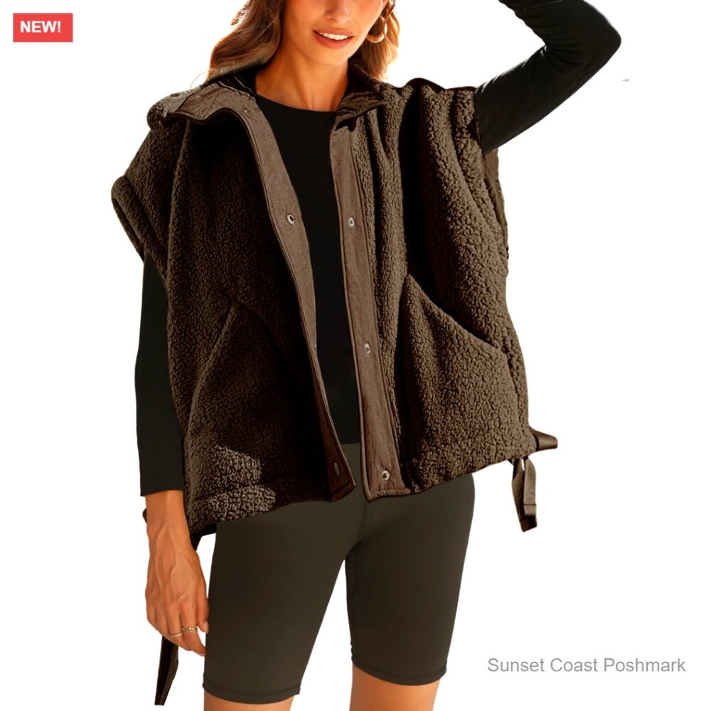 Sherpa Fleece Vest for Women Oversized Button Down Gilet with Pockets